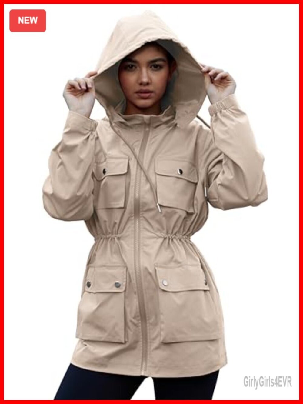 Waterproof Windbreaker Rain Jacket with Removable Hood, Utility Cargo Pockets,